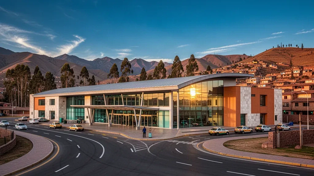 Terminal moderne en verre et voie de dépose à l'aéroport international Alejandro Velasco Astete de Cusco, adossé aux contreforts des Andes dans une lumière chaude