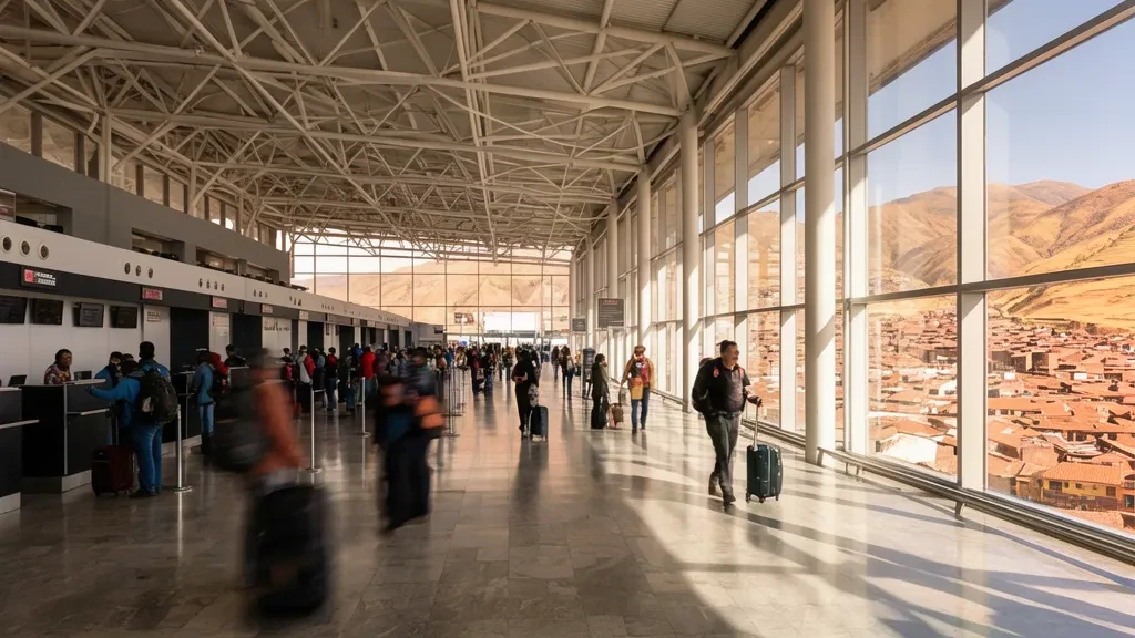 Viaggiatori che camminano nell'interno luminoso del terminal dell'Aeroporto Internazionale Alejandro Velasco Astete a Cusco, Perù
