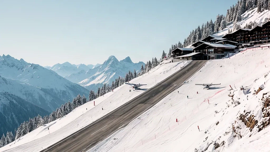 Snowy uphill runway and chalet-style airport buildings at Courchevel Altiport CVF in the French Alps, framed by ski slopes and peaks