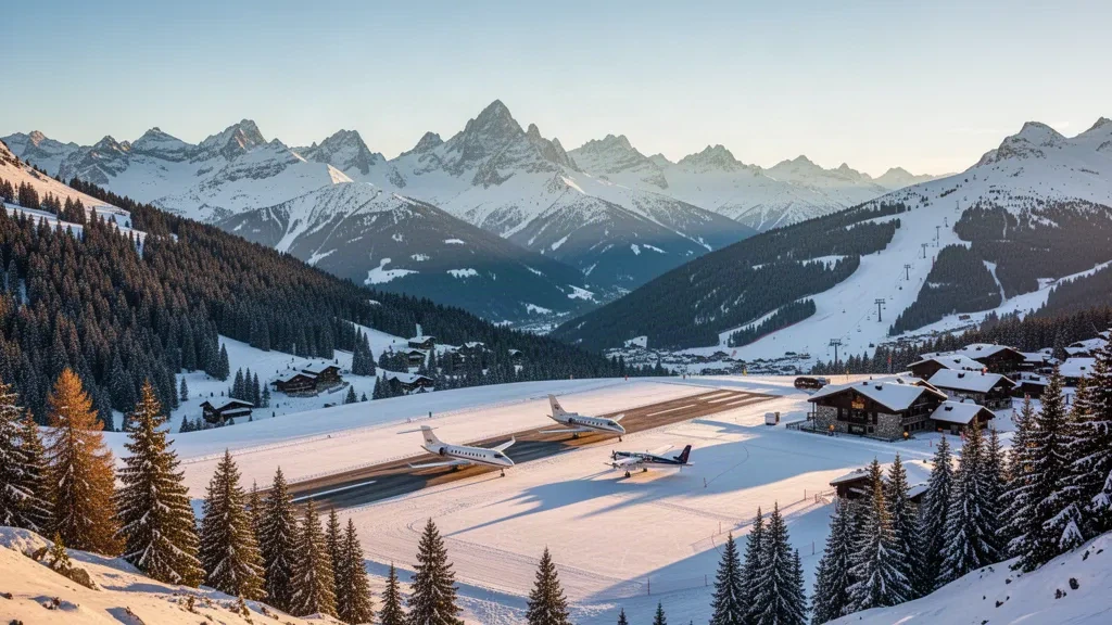 Pequeña aeronave en la pista inclinada cubierta de nieve del aeródromo de Courchevel, rodeada de picos alpinos, bosques de pinos y chalets de la estación de esquí