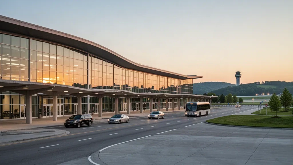 Außenansicht eines modernen gläsernen Terminals und Fahrspuren zum Aussteigen am Straßenrand am Cincinnati Northern Kentucky International Airport zur goldenen Stunde