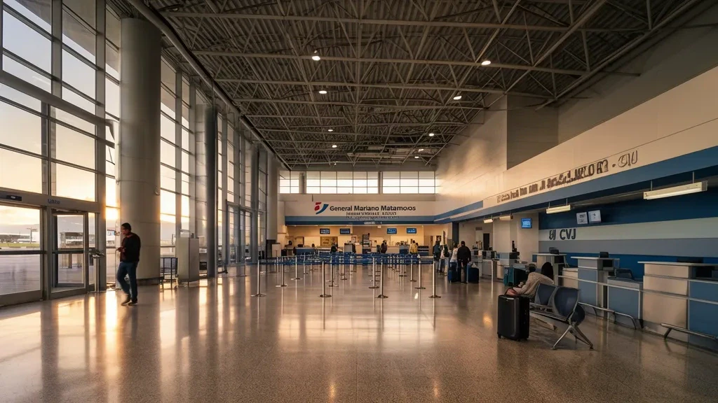 Interior of General Mariano Matamoros International Airport CVJ terminal near Cuernavaca, Mexico, with check-in area and travelers.