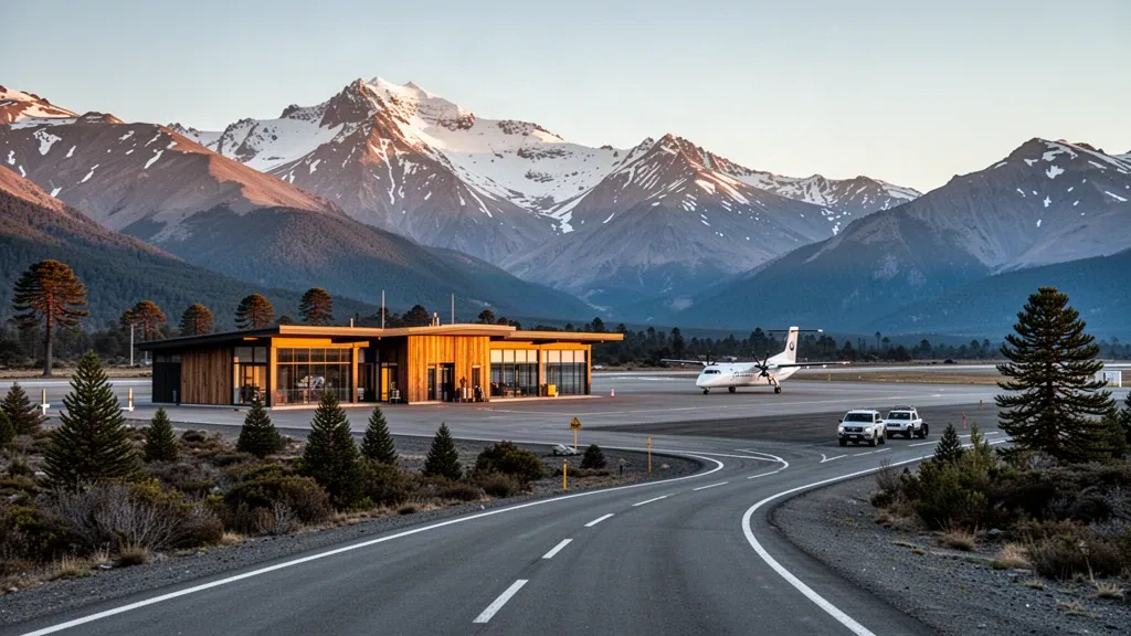 Terminal und Start- und Landebahn des Flughafens Caviahue in den patagonischen Anden, eingerahmt von schneebedeckten Vulkangipfeln zur goldenen Stunde