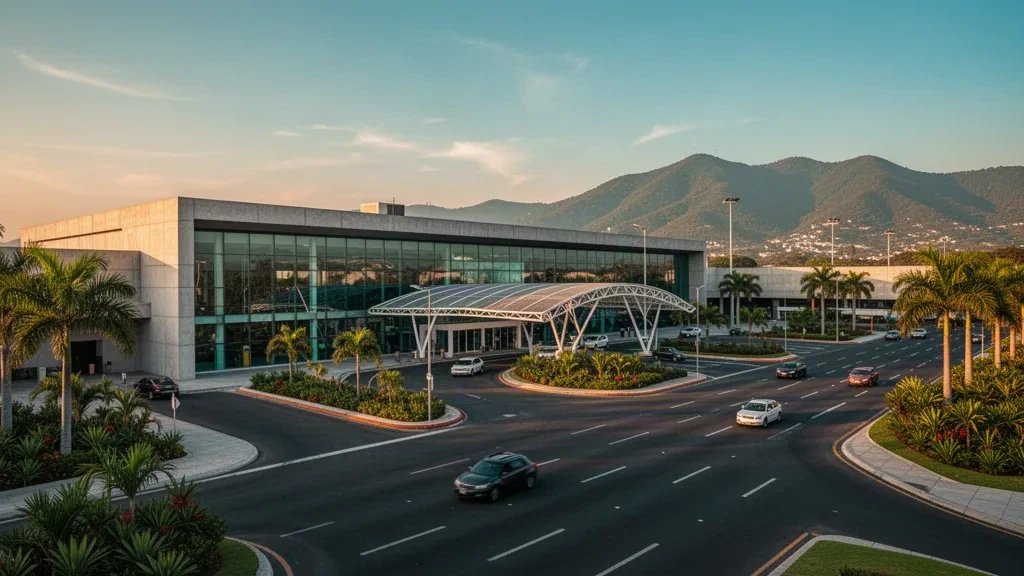 Außenansicht eines modernen Terminals am Internationalen Flughafen General Mariano Matamoros in Cuernavaca, Mexiko, mit Glasfassade und Bergkulisse zur goldenen Stunde.