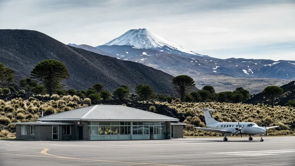Piccolo edificio terminal dell'Aeroporto di Caviahue nella Patagonia argentina con il vulcano Copahue innevato che si erge alle spalle