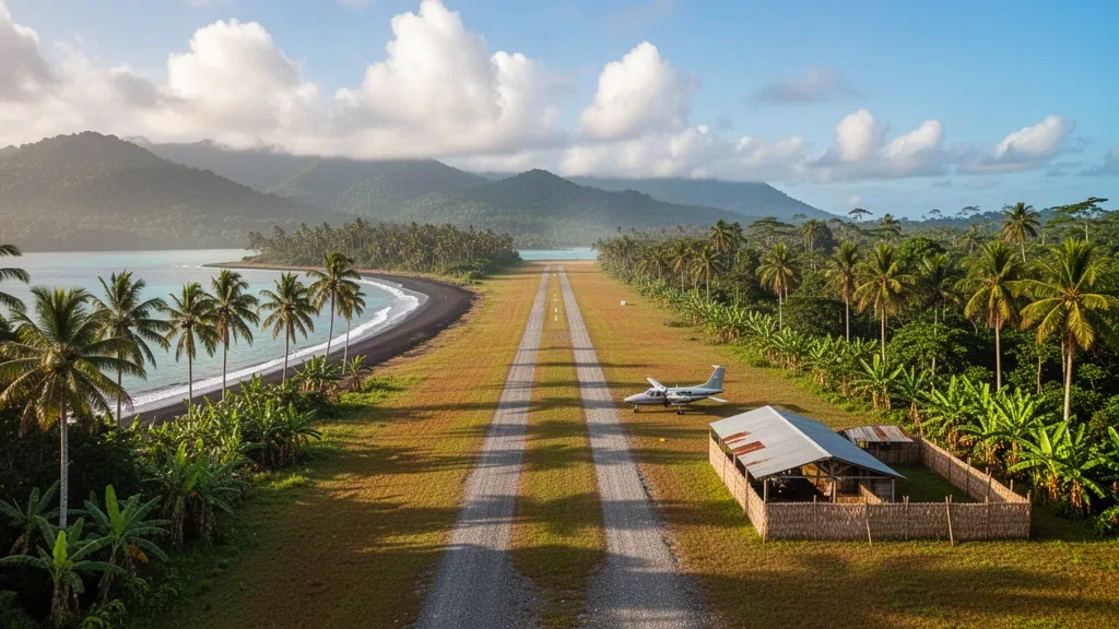 Pista de aterrizaje tropical de hierba y costa bordeada de palmeras en el aeropuerto de Cape Vogel, en Papúa Nueva Guinea, bajo la cálida luz de la tarde