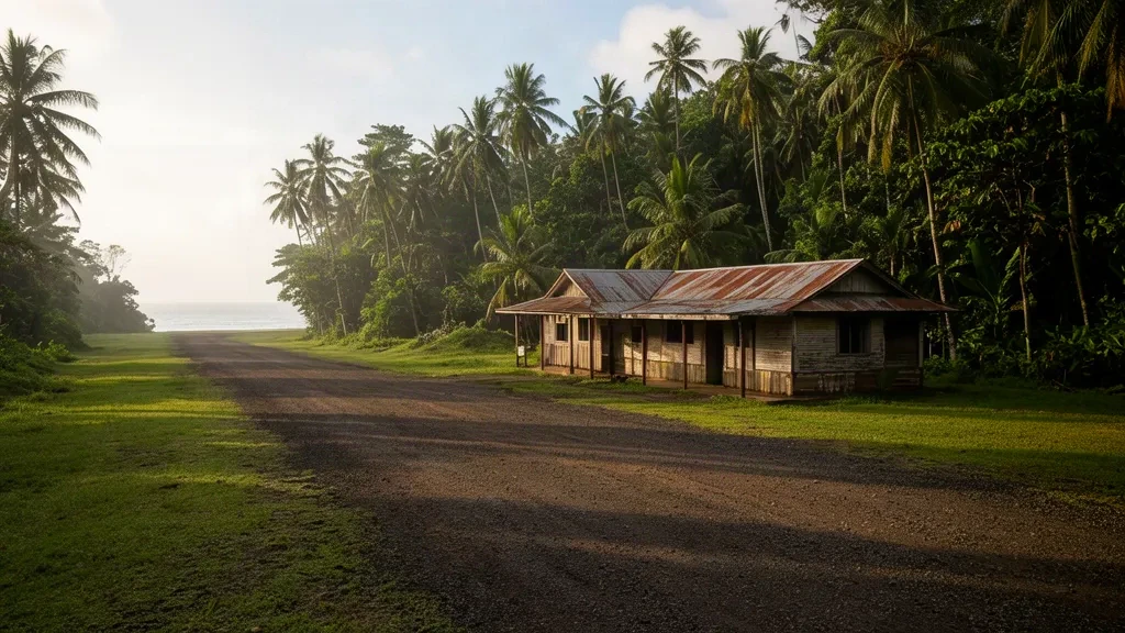 Pista de aterrizaje tropical remota y pequeño edificio de terminal que sirve al aeropuerto de Cape Vogel (CVL) en Papúa Nueva Guinea