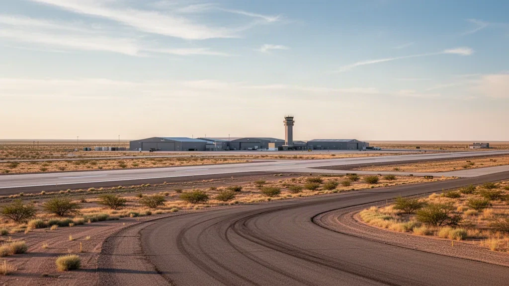 Vue panoramique du terrain d'aviation de Cannon Air Force Base près de Clovis, au Nouveau-Mexique, avec piste, hangars et plaines du haut désert à l'heure dorée.