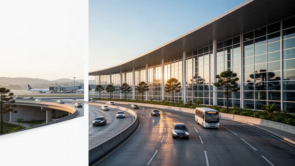 Moderno terminal in vetro e strada di accesso per la riconsegna dei passeggeri presso l'Aeroporto Internazionale di Curitiba-Afonso Pena in Brasile, fotografati durante l'ora d'oro