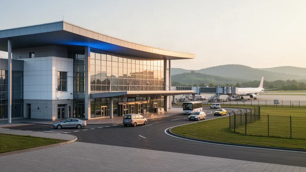 Modernes Glasterminal von außen und Abholspur am Internationalen Flughafen Czernowitz in der Westukraine zur goldenen Stunde