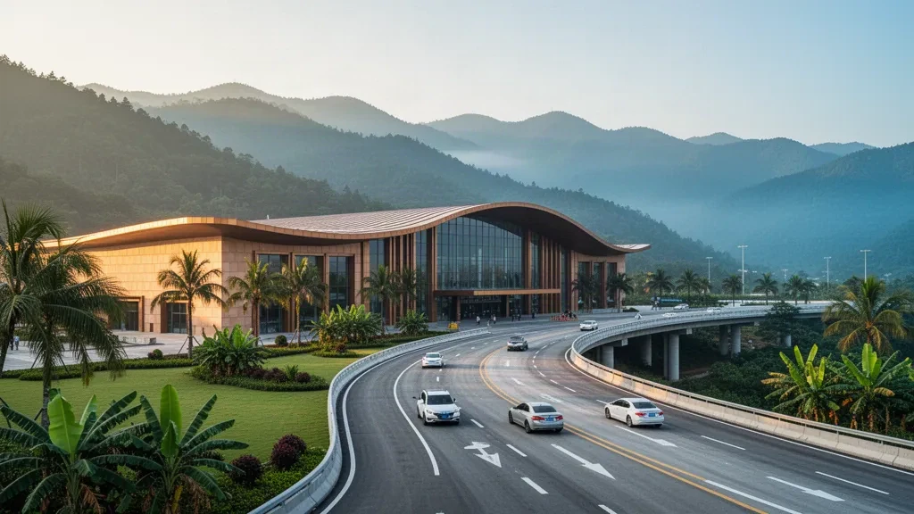 Cangyuan Washan Airport curved-roof terminal in Yunnan, with palm-lined drop-off lane and misty green mountains at sunrise