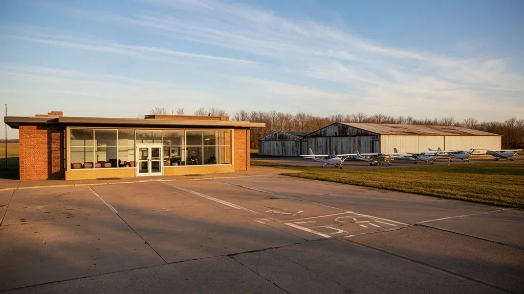 Petit terminal d'aviation générale et aéronefs légers stationnés sur le tarmac à l'aéroport municipal de Clinton dans l'Iowa lors d'un après-midi d'automne dégagé