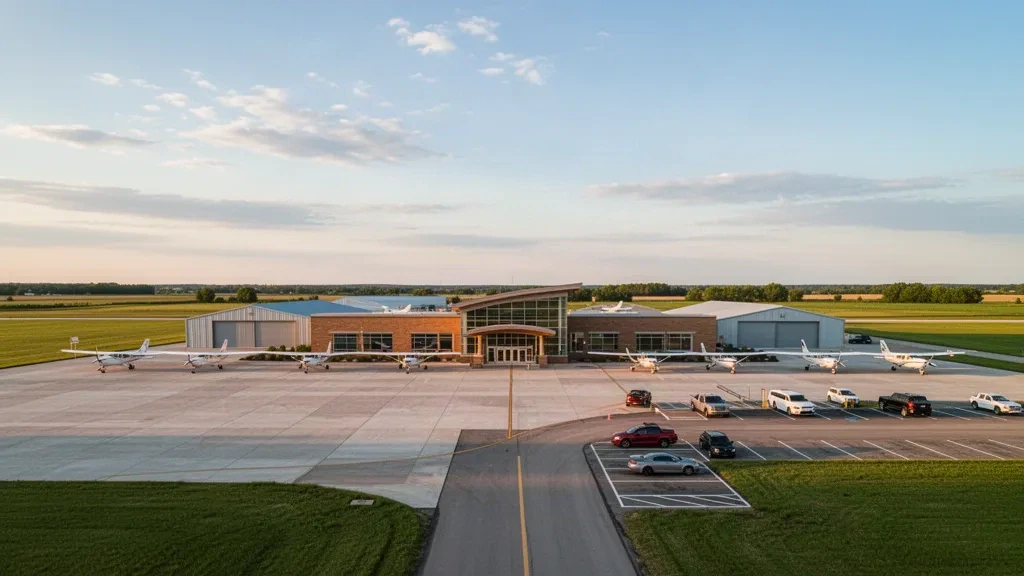 Iowa'daki Clinton Municipal Havaalanı'nda altın saatlerde küçük genel havacılık terminali, hangarlar ve park halindeki uçaklar