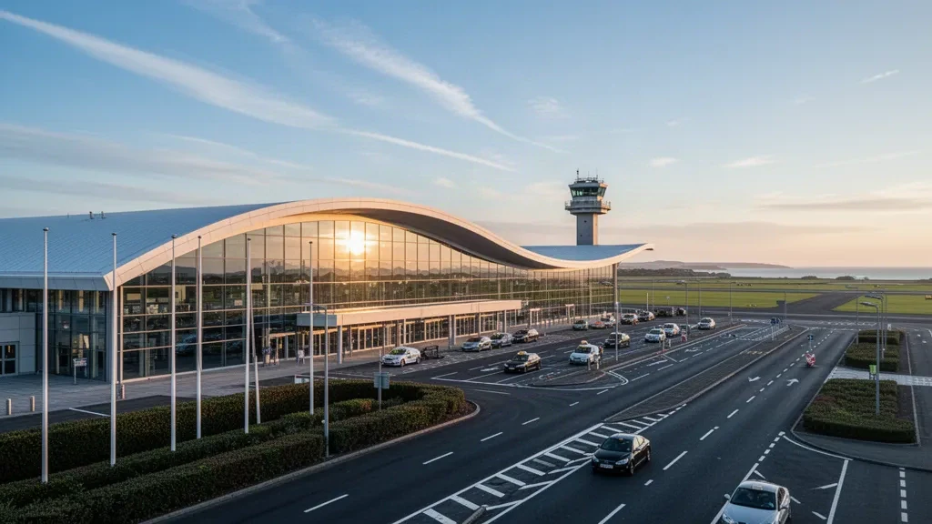 Moderne Glasfassade des Terminals am Flughafen Cardiff in Wales mit geschwungenem Dach, Vorfahrtspuren und warmem Licht zur goldenen Stunde