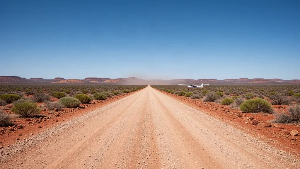Remote outback gravel airstrip at Cowarie Airport in South Australia, with red desert scrub and a wide clear horizon