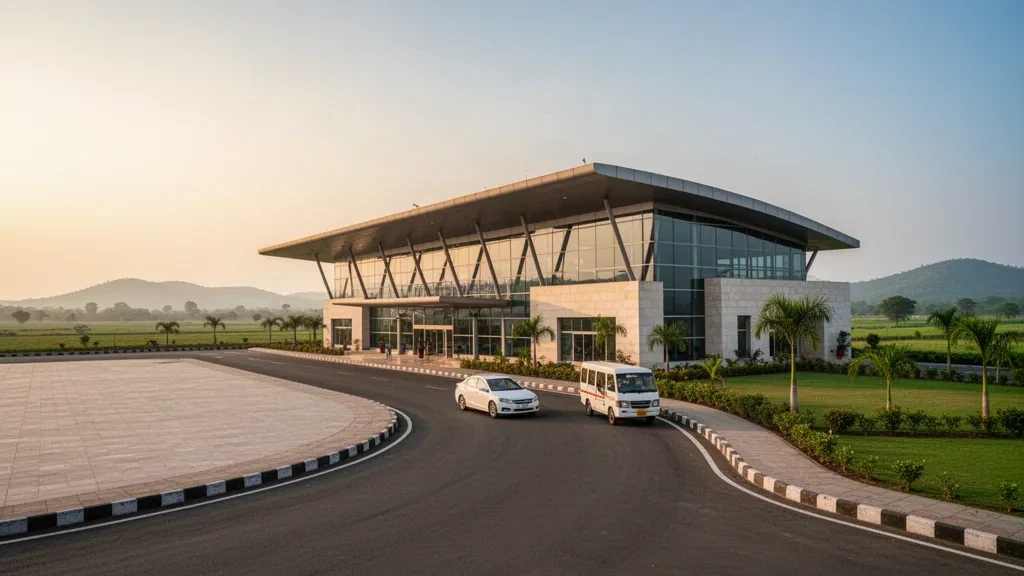 Extérieur moderne du terminal vitré de l'aéroport de Chitrakoot en Inde, avec une voie de dépose propre et un ciel dégagé à l'heure dorée
