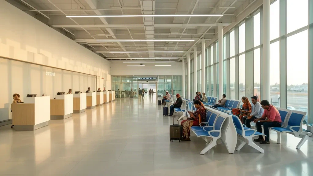 Intérieur du terminal de l'aéroport de Chitrakoot en Inde avec comptoirs d'enregistrement, sièges et voyageurs dans le hall de départ