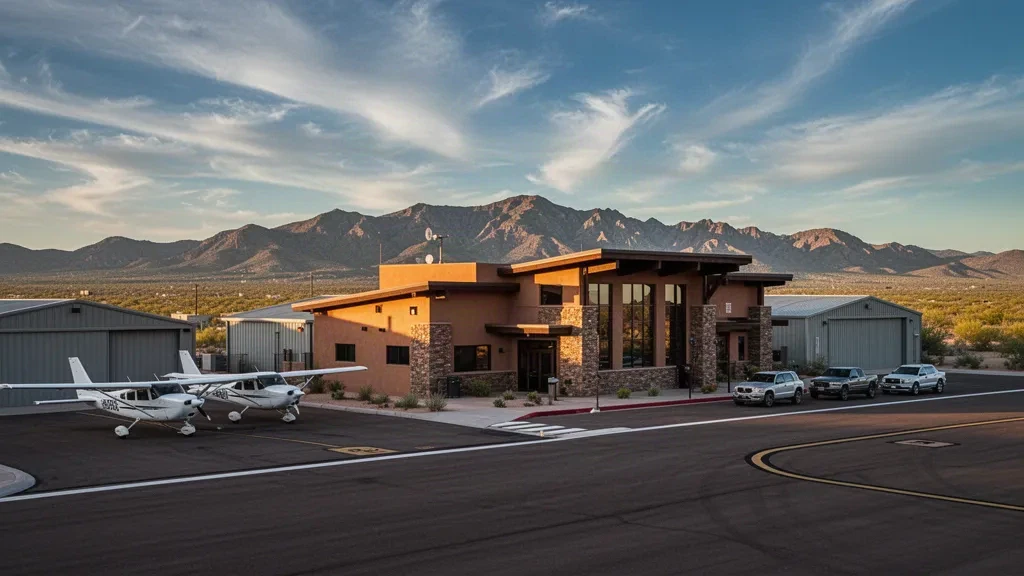 Willcox, Arizona'da altın saatte Cochise County Havaalanı terminali ve uçak apronu, arkasında çöl dağları