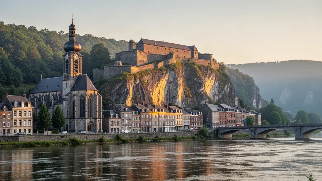 Dinant in Wallonia, Belgium, with the Collegiate Church of Notre-Dame and the citadel rising above the Meuse River at golden hour