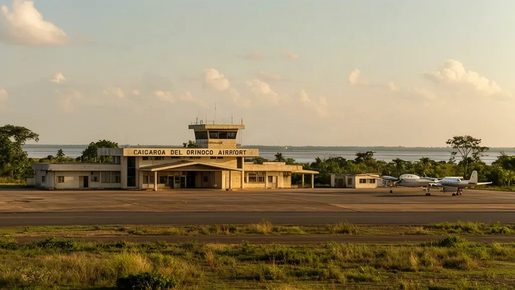 Veduta esterna del terminal dell'Aeroporto di Caicara del Orinoco in Venezuela con una torre di controllo e un paesaggio tropicale.
