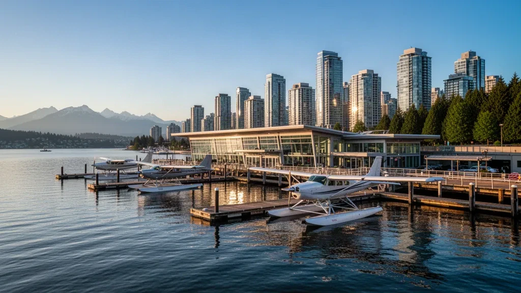 Floatplanes docked at Vancouver Harbour Water Aerodrome seaplane terminal with downtown skyline and North Shore mountains