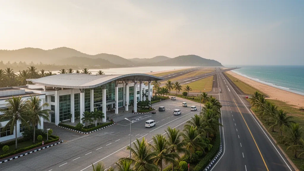 Terminal moderna y pista costera del aeropuerto de Cox's Bazar junto a la bahía de Bengala a la hora dorada