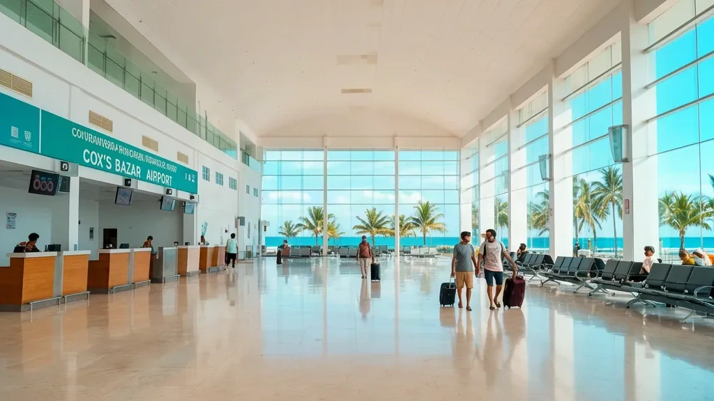 Interno del terminal dell'Aeroporto di Cox's Bazar CXB in Bangladesh con viaggiatori al check-in sotto la luce tropicale.