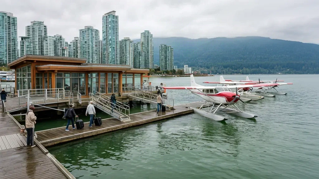Idrovolanti ormeggiati al terminal galleggiante dell'idroscalo di Vancouver Harbour CXH con lo skyline del centro di Vancouver sullo sfondo