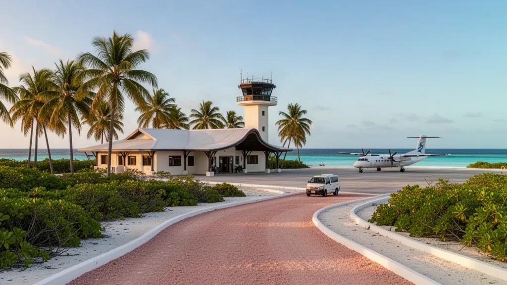 Terminal de baja altura y palmeras cocoteras en el Aeropuerto Internacional Cassidy, en Kiritimati, Kiribati, bajo una cálida luz tropical