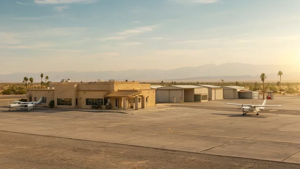 Small desert general aviation terminal and apron at Calexico International Airport near the US-Mexico border in California
