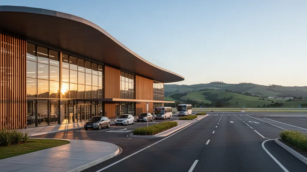 Esterno moderno del terminal in vetro e legno all'Aeroporto Regionale Hugo Cantergiani di Caxias do Sul, Brasile, che brilla nell'ora d'oro