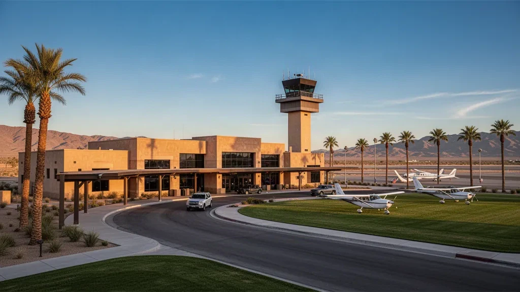 Terminal et tarmac de l'aéroport international de Calexico à l'heure dorée dans le désert de l'Imperial Valley près de la frontière mexicaine