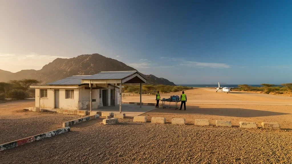 Piste d'atterrissage en gravier poussiéreux et abri terminal simple à l'aéroport de Candala (CXN) à Qandala, Puntland, Somalie, sous une douce lumière côtière d'après-midi.