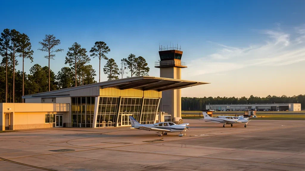 Terminal und Kontrollturm des Conroe-North Houston Regional Airport zur goldenen Stunde, mit leichten Flugzeugen auf dem Vorfeld in Texas.