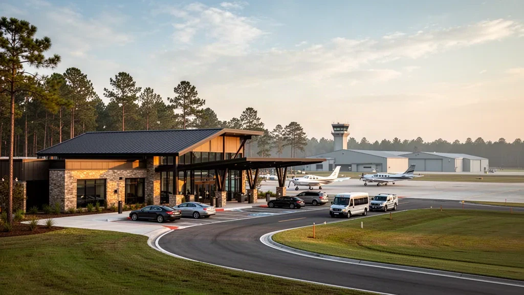 Terminal moderne et aire d'aviation générale à l'aéroport régional de Conroe-North Houston au Texas, photographiés à l'heure dorée