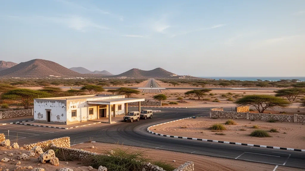 Puntland, Somali'deki Candala Havalimanı'nda sıcak ikindi sonrası kıyı ışığı altında küçük badanalı terminal ve kısa pist