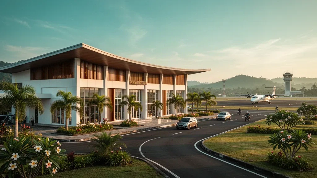 Modern terminal exterior at Tunggul Wulung Airport in Cilacap, Central Java, framed by tropical palms in warm morning light.