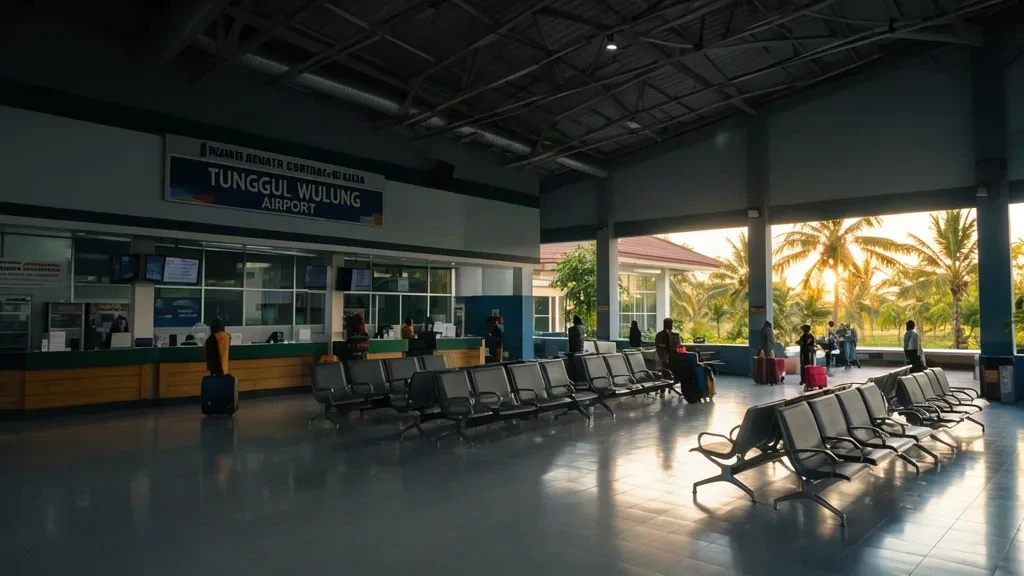 Vue intérieure du terminal de l'aéroport Tunggul Wulung CXP à Cilacap, Java central, montrant la salle d'attente et la lumière tropicale du jour