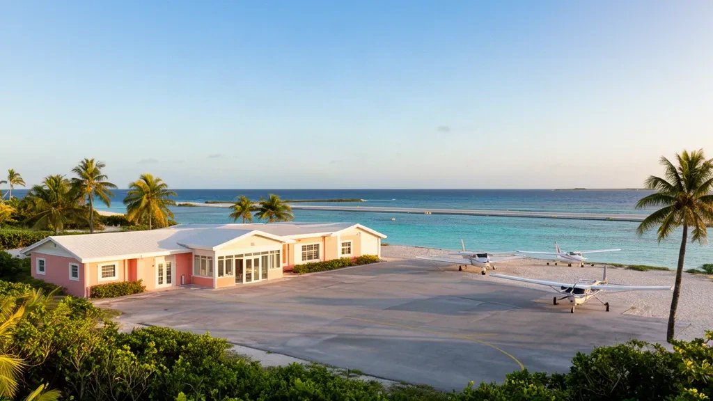 Small terminal and paved runway at Cat Cay Airport in the Bahamas, surrounded by palm trees and turquoise water under bright tropical sunlight.