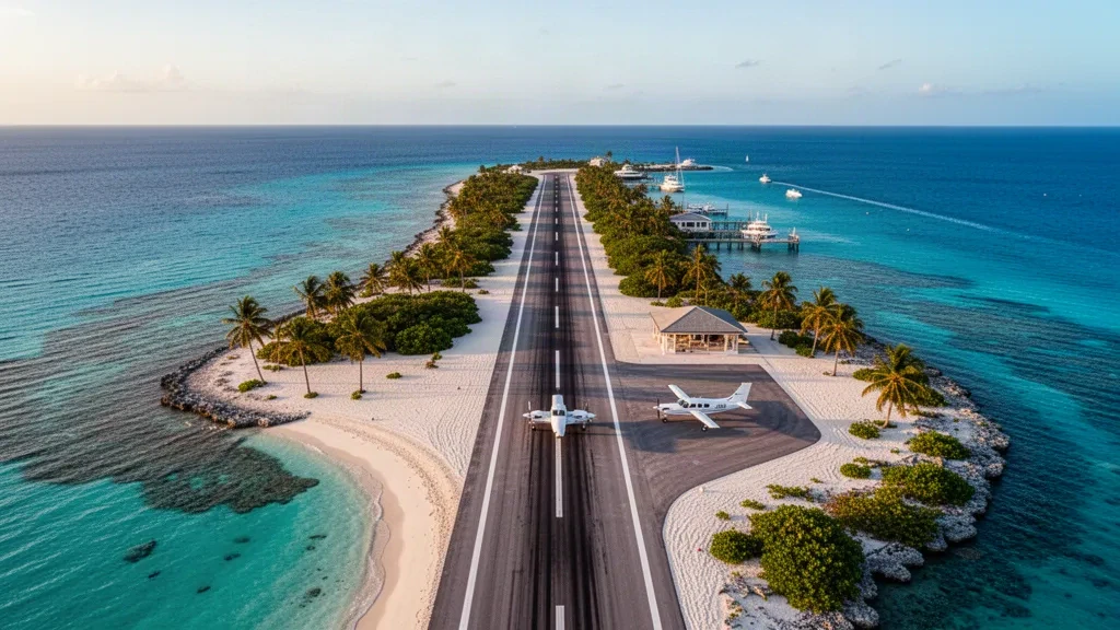 Kleine Inselflugpiste auf North Cat Cay auf den Bahamas mit türkisfarbenem Wasser, Palmen und einem Leichtflugzeug in goldenem Licht