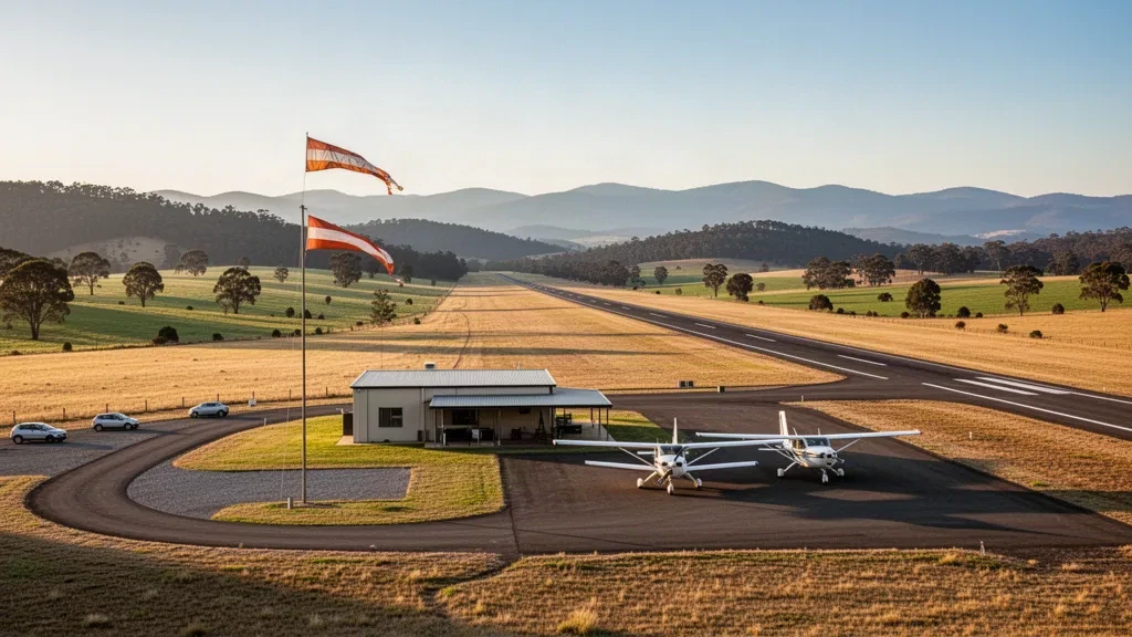 Small regional airstrip at Corryong Airport in Victoria with light aircraft, windsock and mountain foothills at golden hour