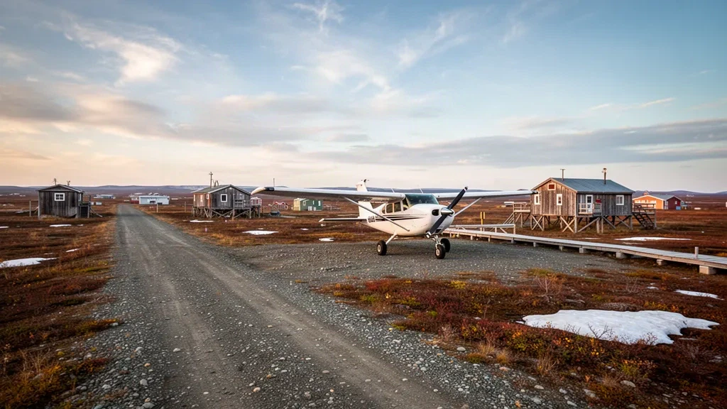Remote gravel runway and small bush plane at Chefornak Airport in Alaska's Yukon-Kuskokwim Delta