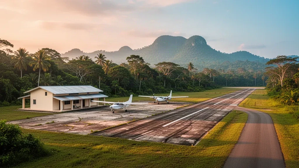 Kleiner tropischer Flugplatz in der Nähe von San Ignacio, Belize, mit einem Leichtflugzeug und dschungelbedeckten Hügeln im warmen Nachmittagslicht