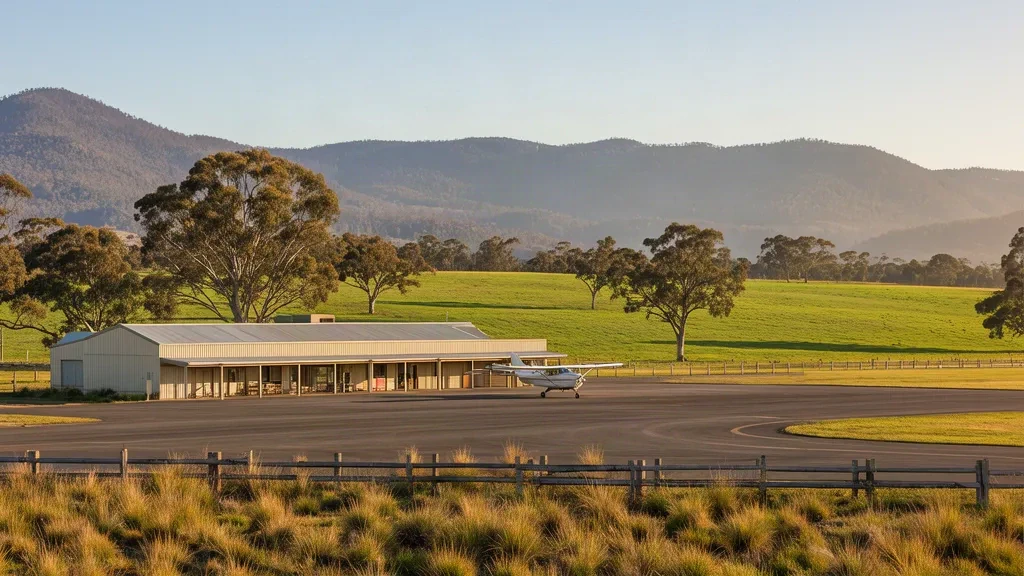 Pequeño edificio terminal regional y plataforma del aeródromo en el Aeropuerto de Corryong CYG, en Victoria, Australia, con colinas alpinas más allá