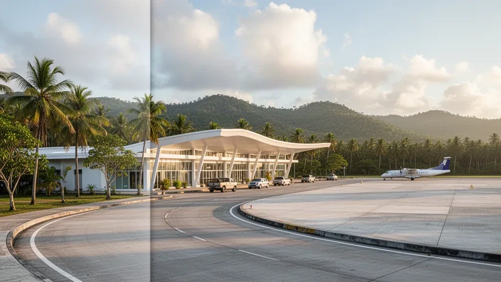 Warm late-afternoon view of Calbayog Airport's tropical terminal and drop-off lane, framed by palm trees and green Samar hills