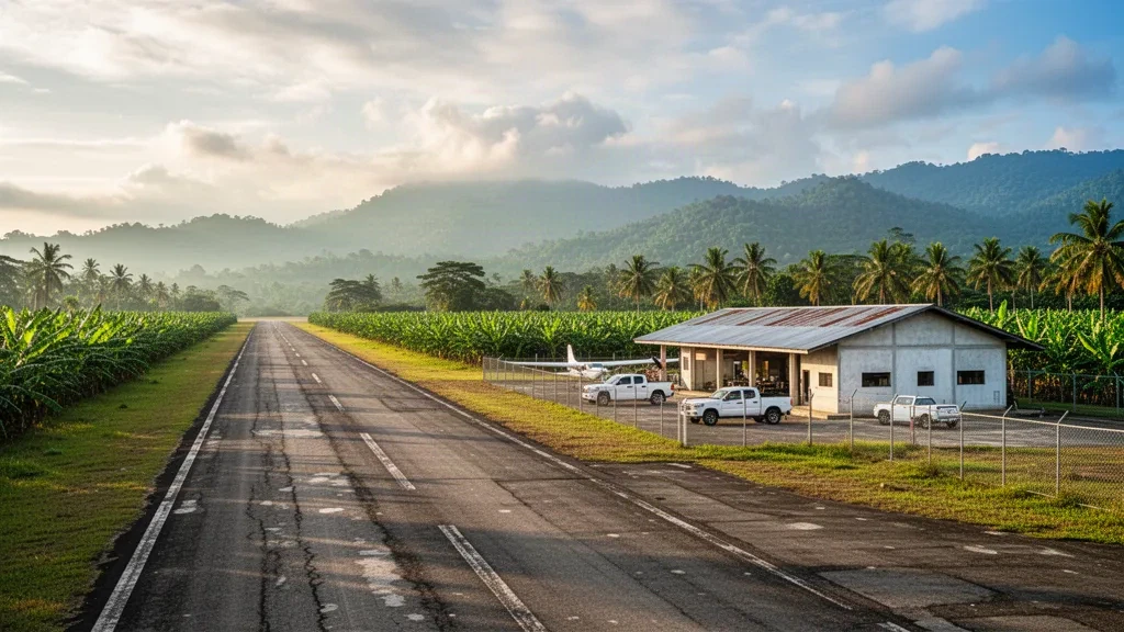 Pequeño aeródromo tropical cerca de Coyoles, Honduras, con una pista desgastada, edificio terminal al aire libre, palmeras y montañas lejanas en la hora dorada