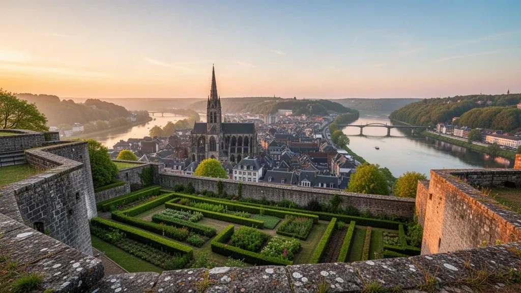 Vista panorámica de la Ciudadela de Namur y el río Mosa al atardecer en Bélgica, con murallas históricas y el casco antiguo.
