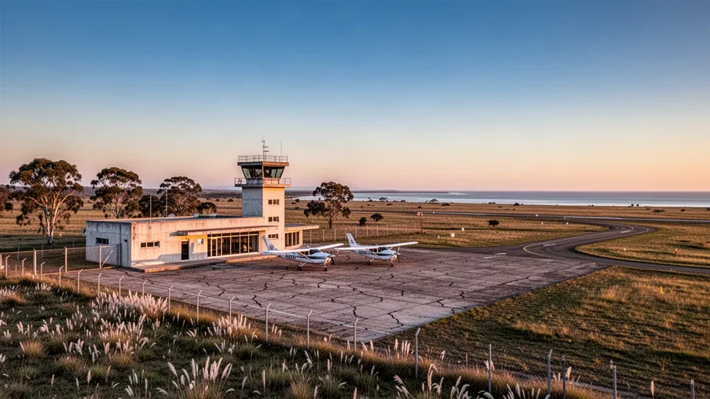 Golden-hour view of the modest terminal, apron and parked light aircraft at Laguna de los Patos International Airport in Colonia, Uruguay