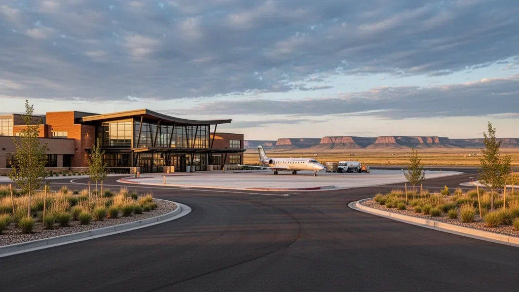 Terminal moderna de cristal y zona de descenso en la acera del aeropuerto Cheyenne Regional en Wyoming bajo una cálida luz dorada