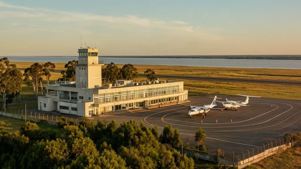 Außenansicht des Terminals des Internationalen Flughafens Colonia Laguna de los Patos in Uruguay mit Kontrollturm und Vorfeld zur goldenen Stunde